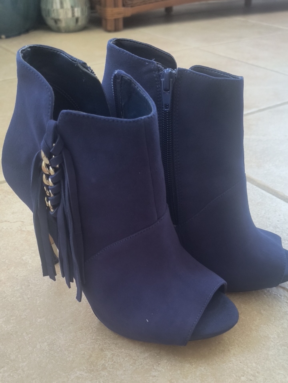 Guess Navy Fringe Peep-Toe Ankle Boots